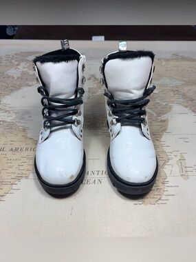 Justice White and Black Lace-Up Faux Fur Combat Boots